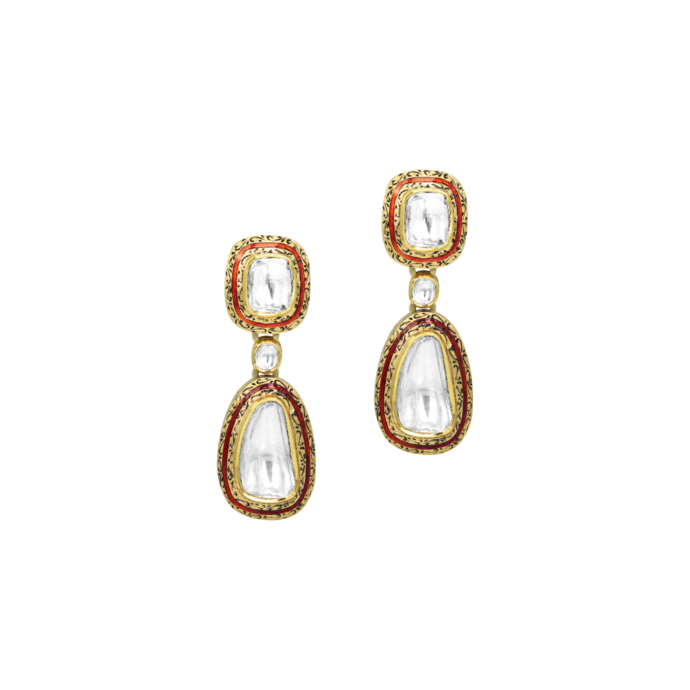 Uncut Diamond Polki Earrings with Red Enamel